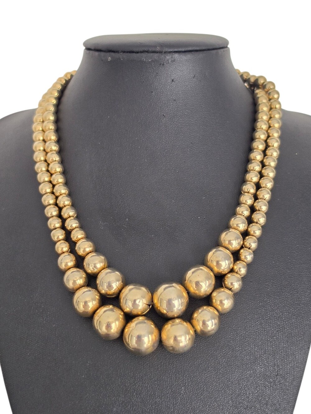 Vintage Gold Tone Double Strand Graduated Gold Ball Bead Statement Necklace 16